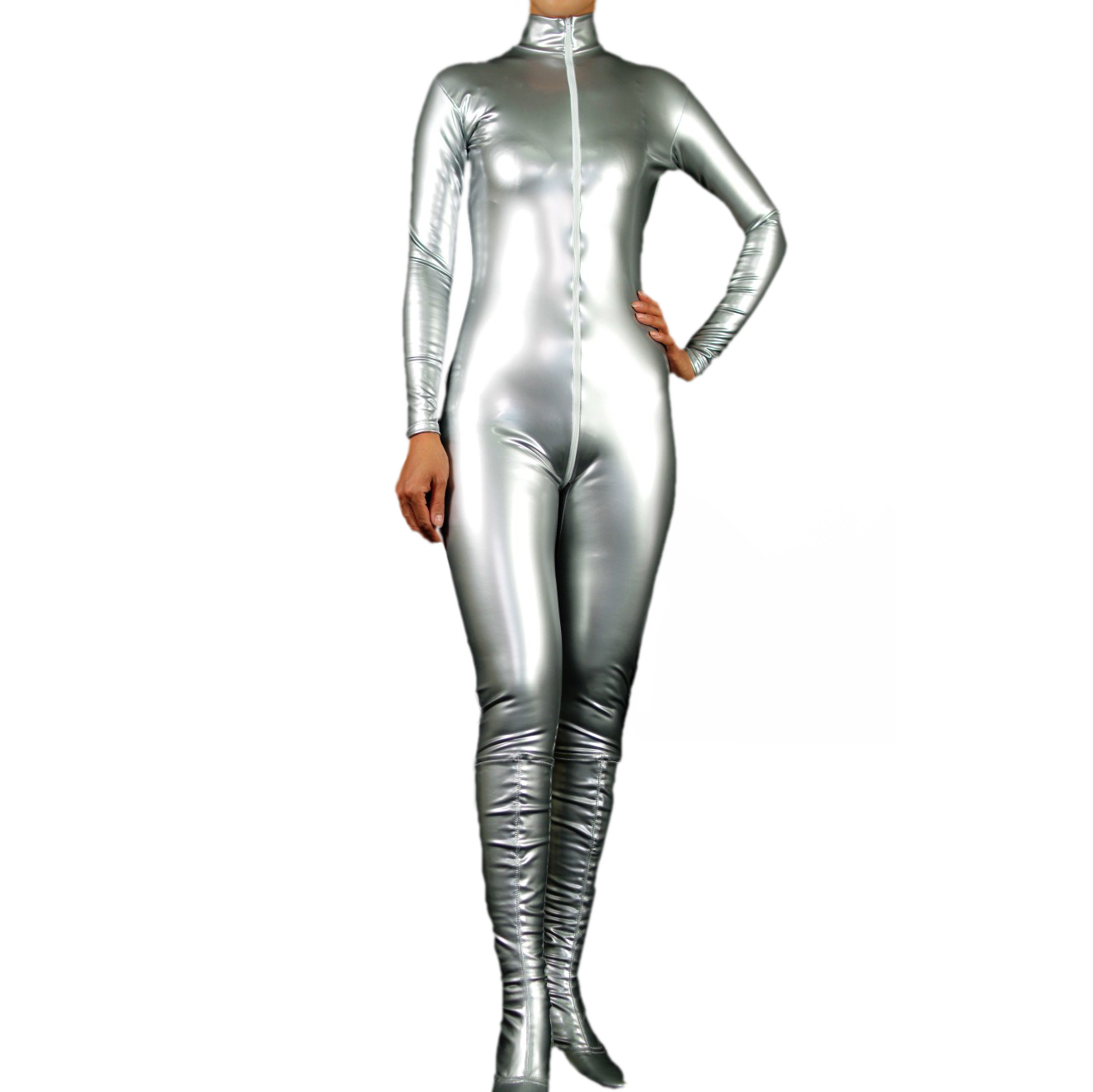 Women's Jumpsuit-styled Silver PVC Front Zipper Catsuit (M39) - Click Image to Close