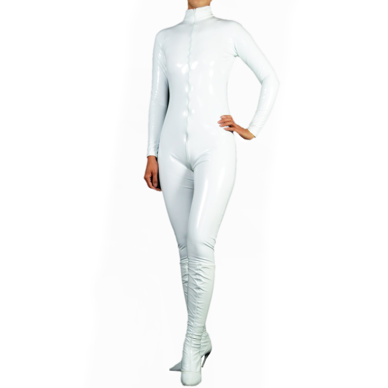 Women's Jumpsuit-styled White PVC Front Zipper Catsuit (M43) - Click Image to Close