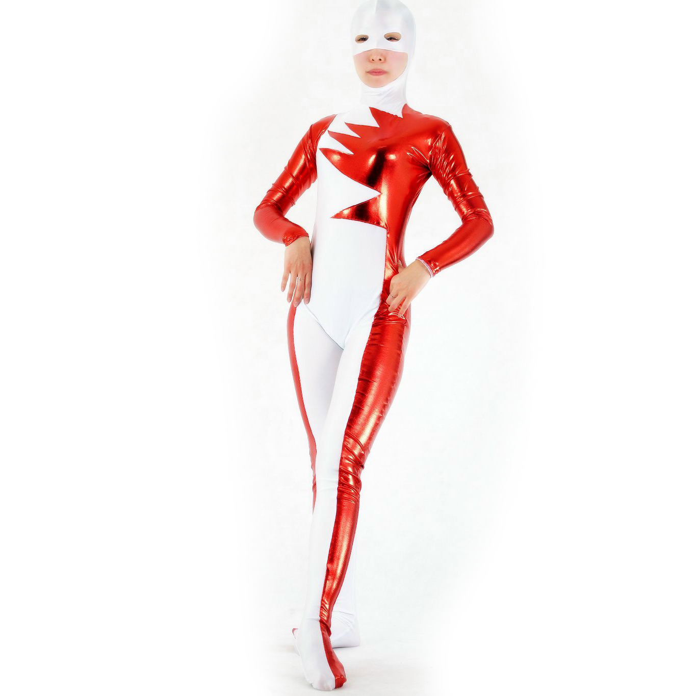 Unisex-White and Red Shiny Metallic and Lycra Spandex Back Zippe