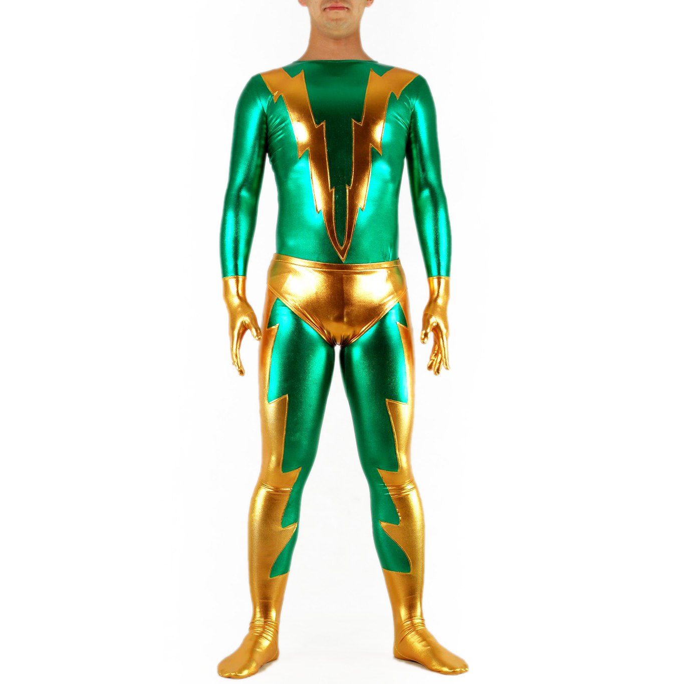 Unisex-Yellow and Green Shiny Metallic Back Zipper Catsuit (PS07 - Click Image to Close