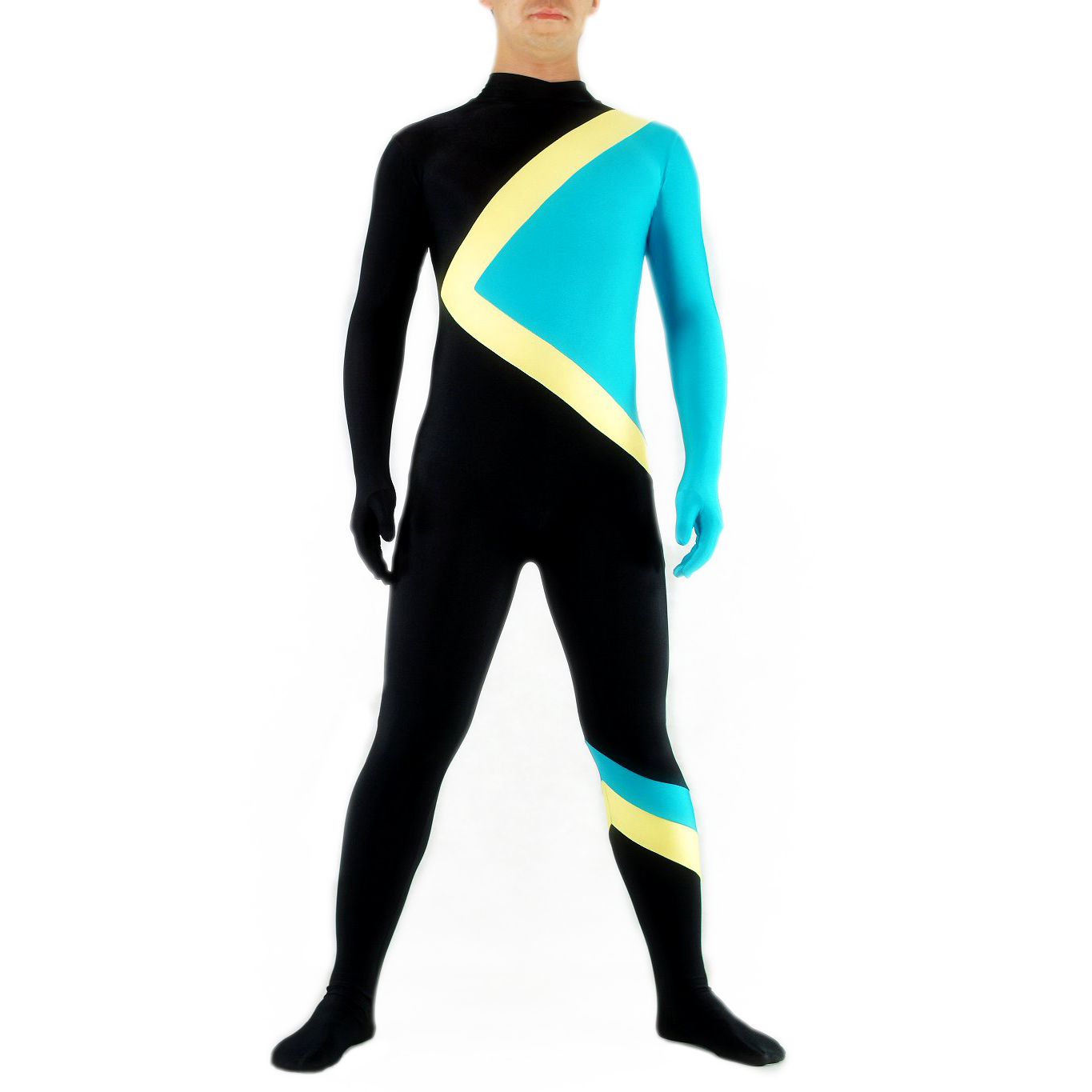 Unisex-Yellow Blue and Black Lycra Spandex Back Zipper Catsuit ( - Click Image to Close