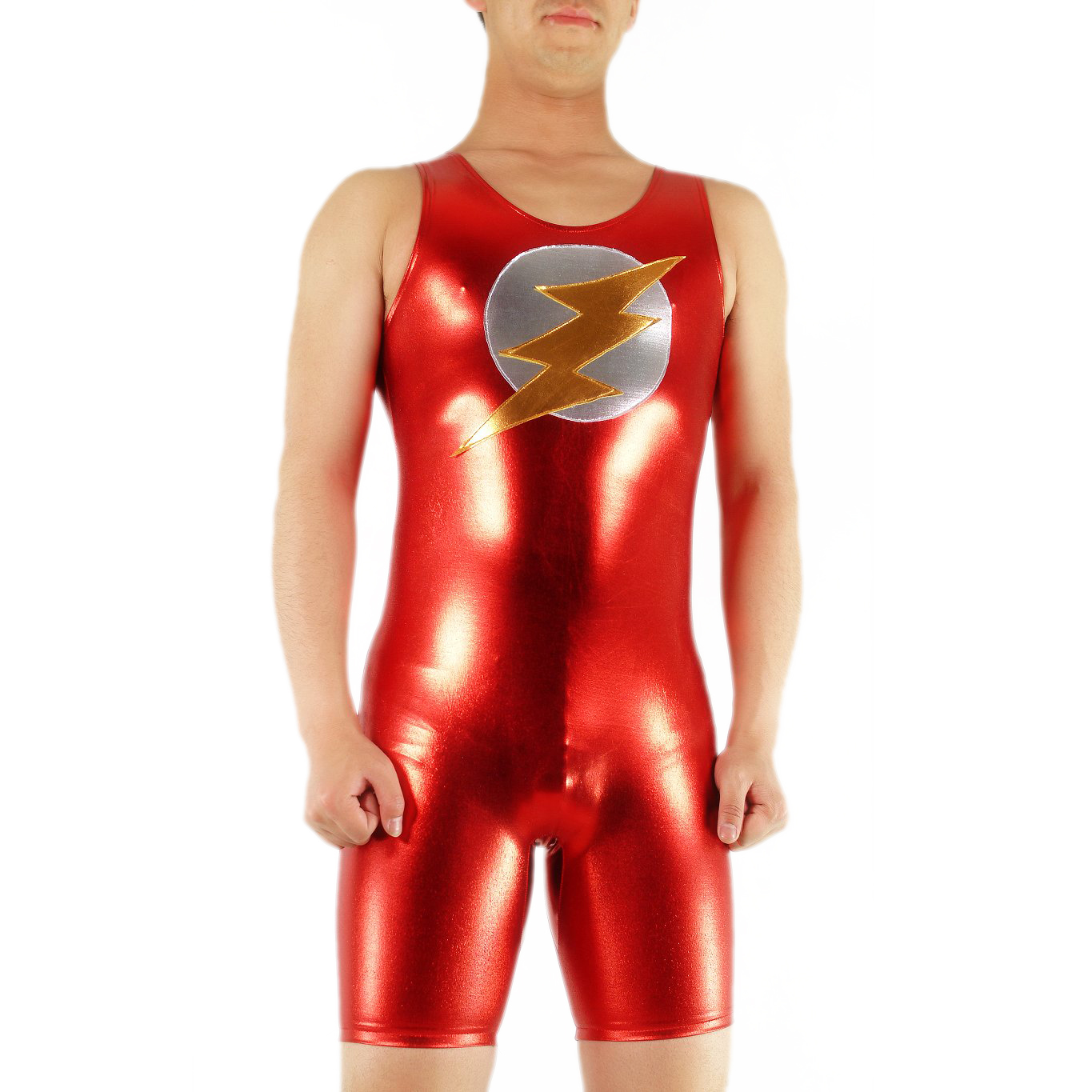 Men's Jumpsuit-styled Red Shiny Metallic Sleeveless Catsuit (M11 - Click Image to Close