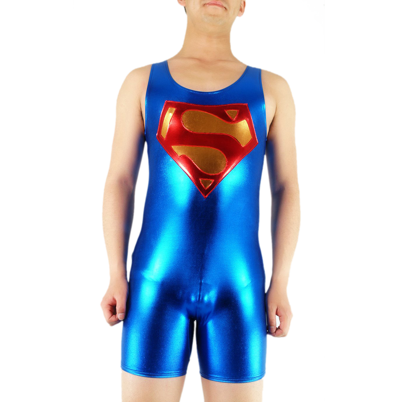 Men's Superhero Blue with Red Shiny Metallic Sleeveless Catsuit