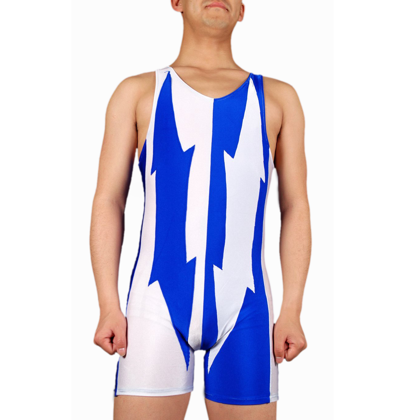 Men's Jumpsuit-styled White and Blue Lycra Spandex Sleeveless Ca