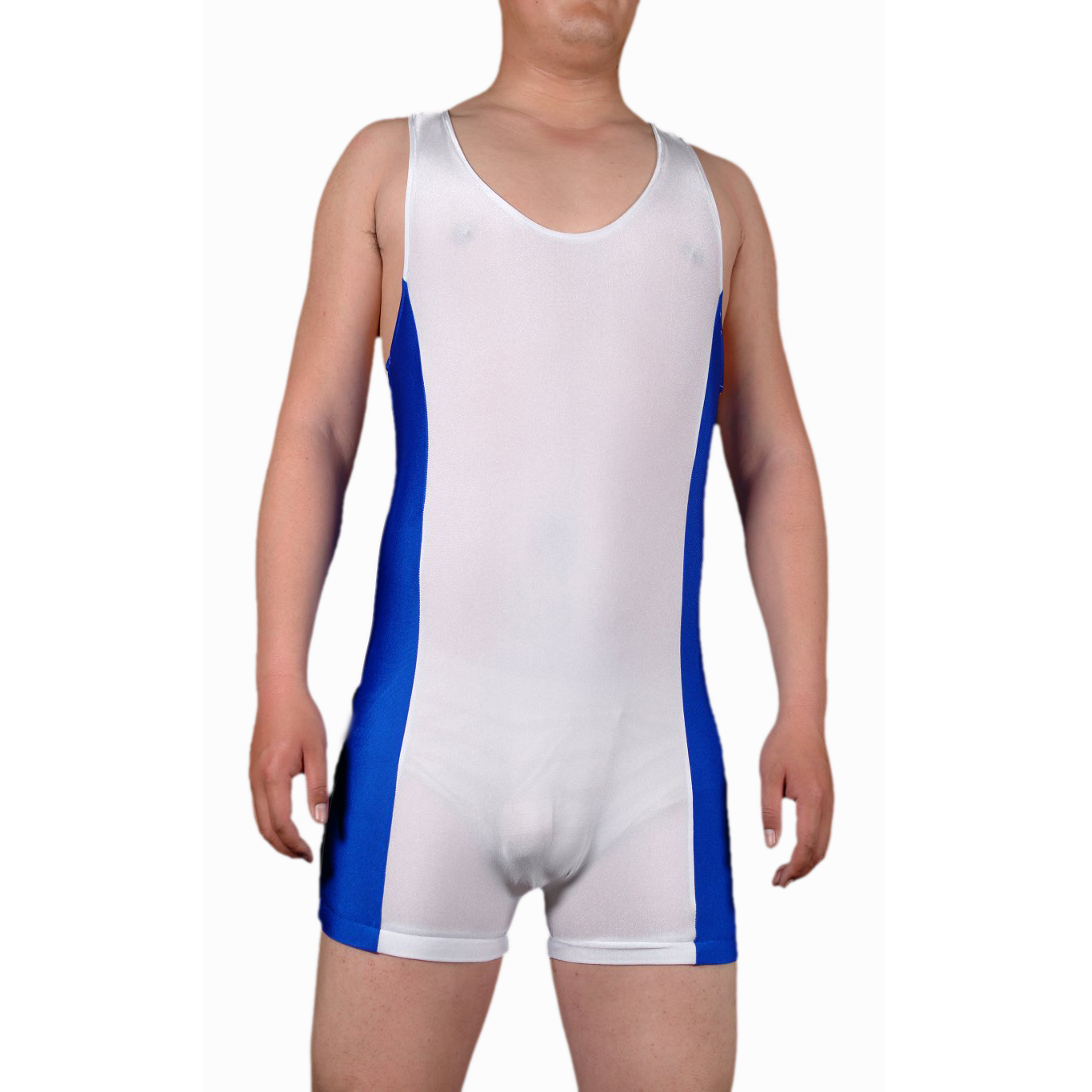 Men's Jumpsuit-styled White with Blue Strips Lycra Spandex Sleev