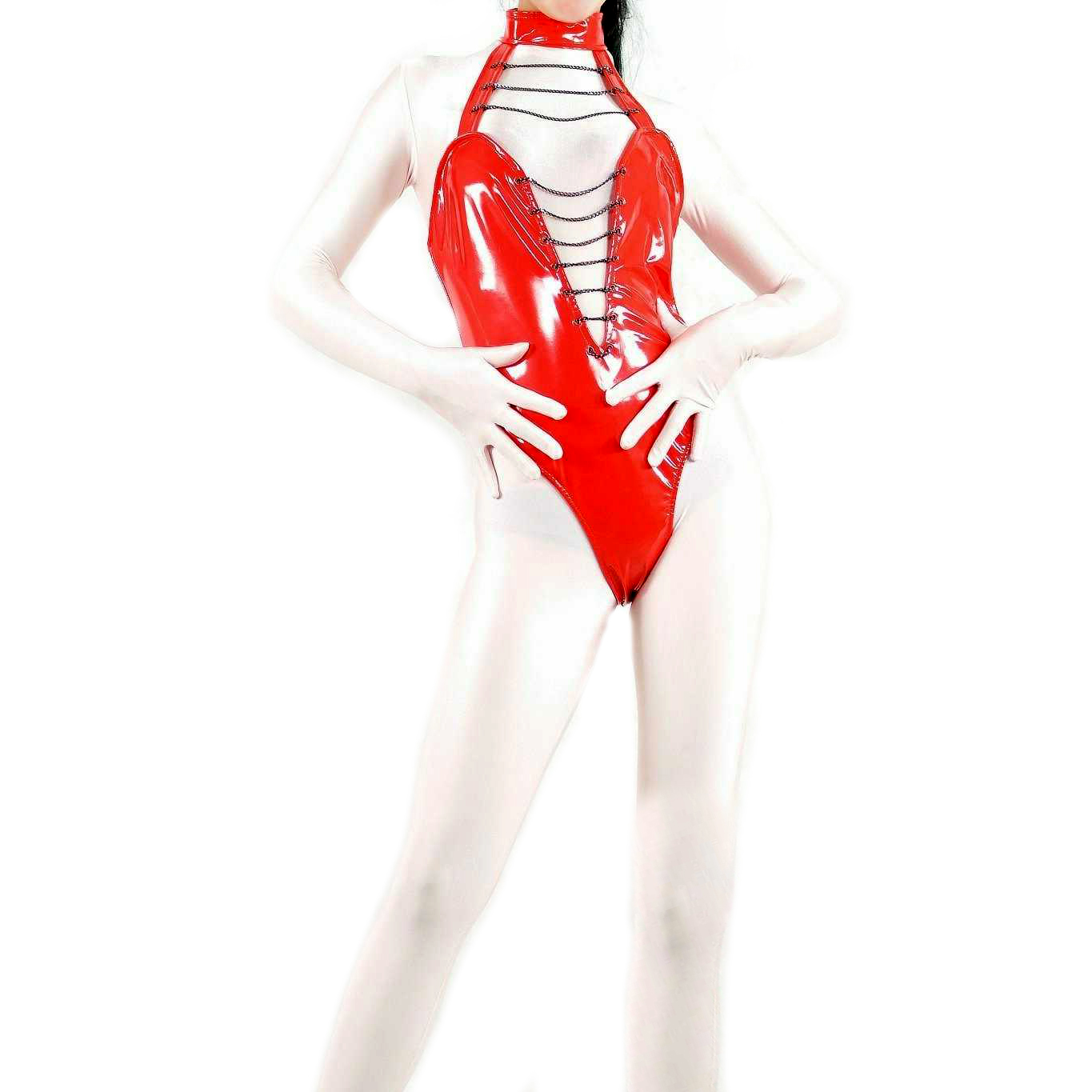 Women's Sexy Jumpsuit-like Red PVC Halter Leotard Catsuit with C
