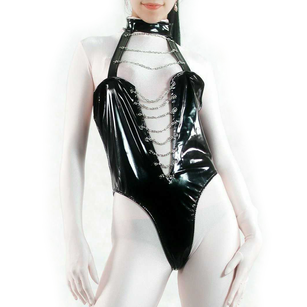 Women's Sexy Jumpsuit-like Black PVC Halter Leotard Catsuit with