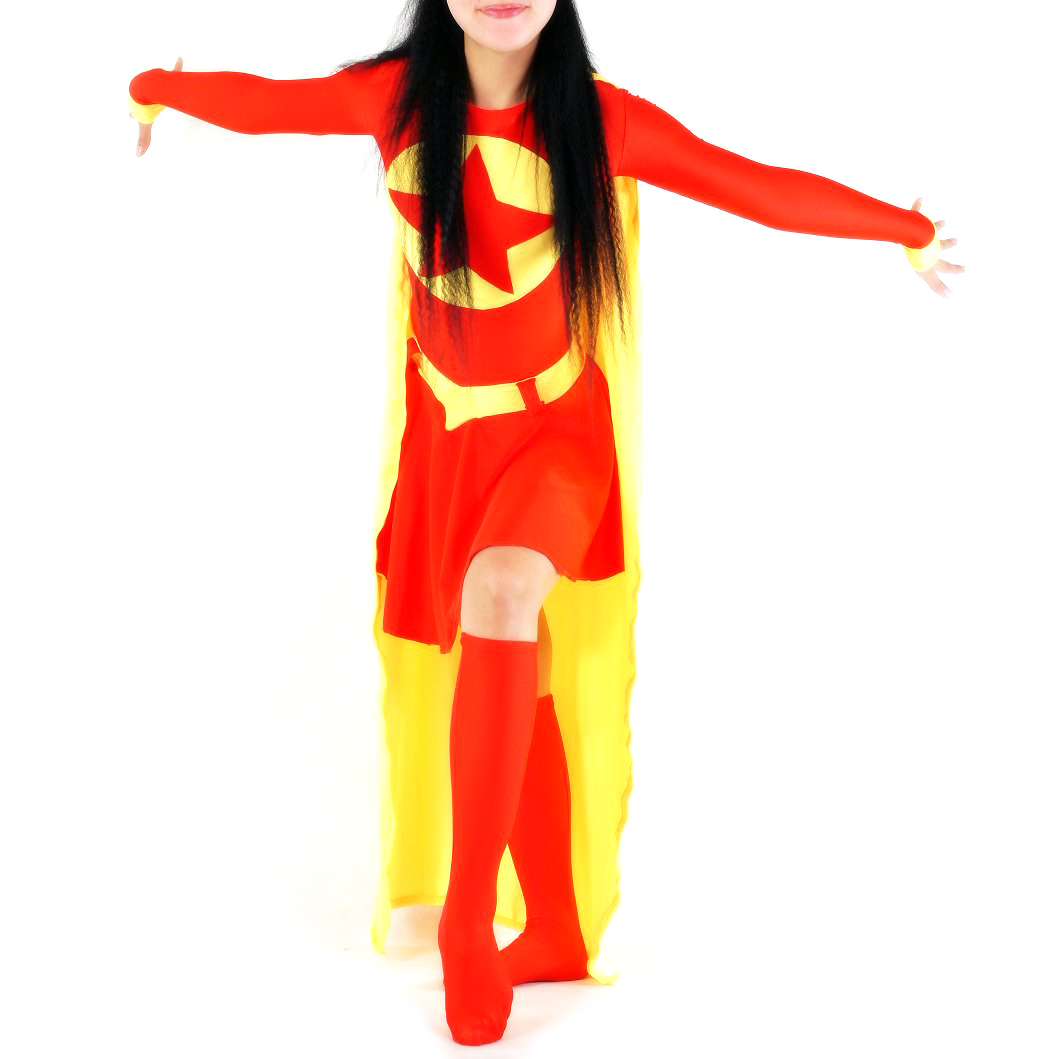 Women's Superwoman Red and Yellow Lycra Spandex Back Zipper Cats