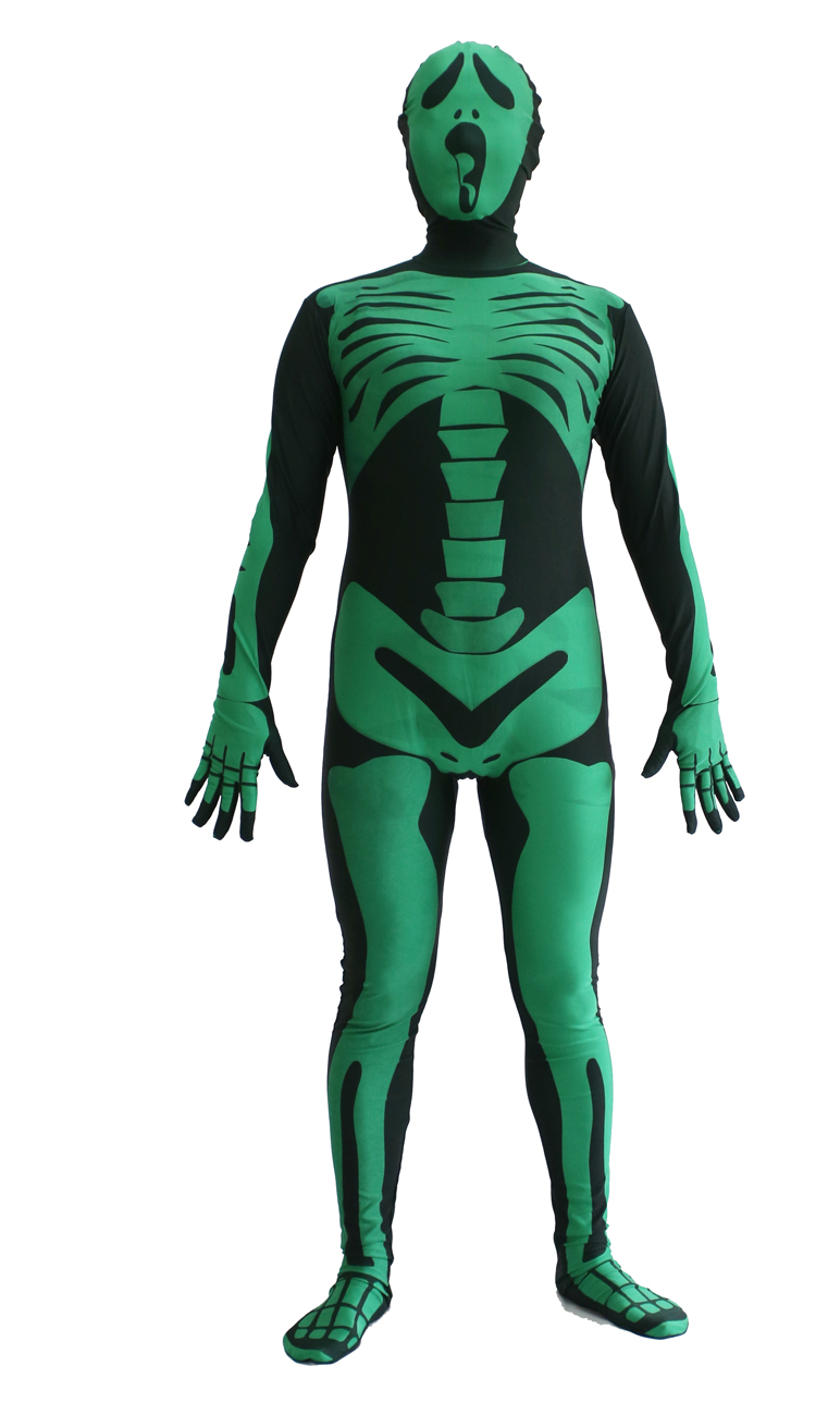 Black Green Lycra Back Zipper Skeleton Zentai