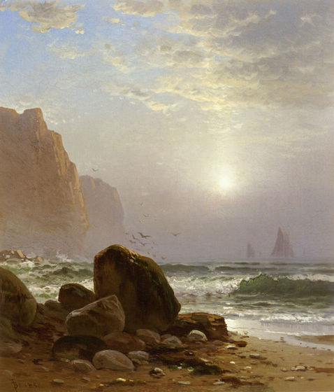 Rocky Coastal Scene with a View of Passing Ships - Click Image to Close
