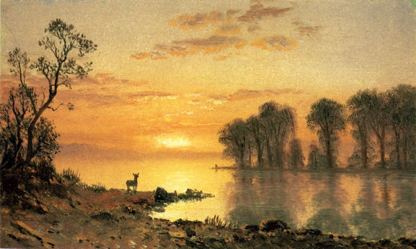 Sunset, Deer, and River - Click Image to Close