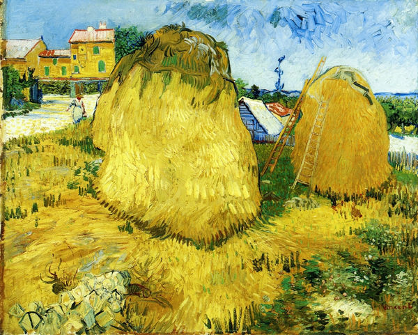 Stacks of Wheat near a Farmhouse - Click Image to Close