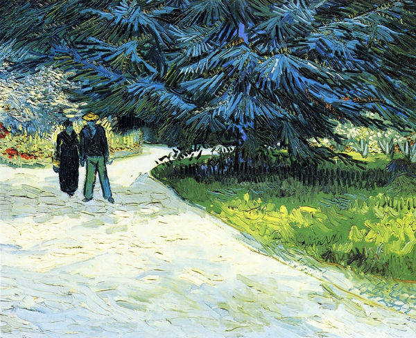 Public Garden with Couple and Blue Fir Tree - Click Image to Close