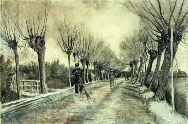 Road with Pollarded Willows and a Man with a Broom - Click Image to Close