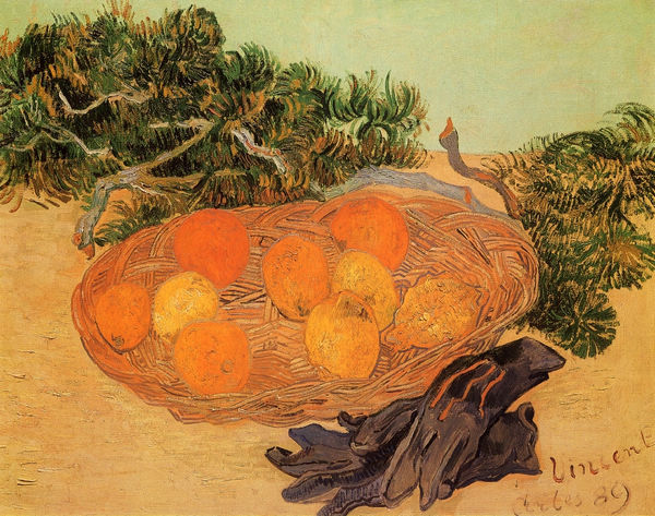 Still Life with Oranges and Lemons with Blue Gloves - Click Image to Close
