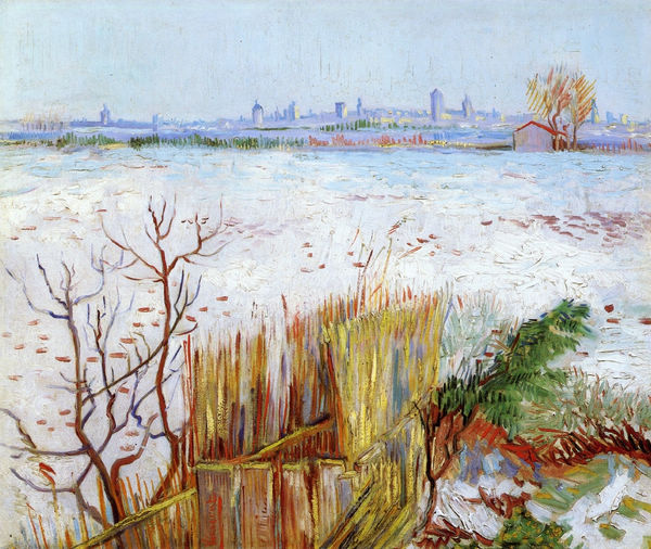 Snowy Landscape with Arles in the Background - Click Image to Close