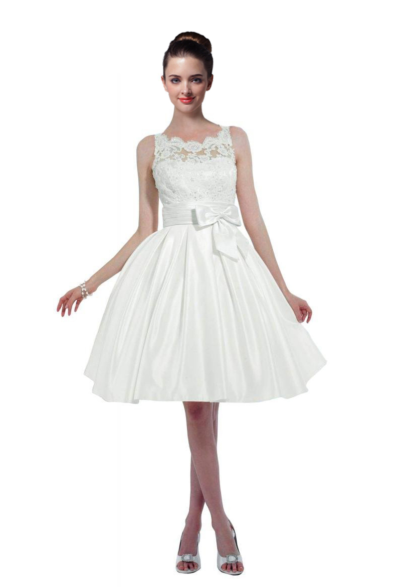 White Taffeta Straps With Beaded Lace and Bows Short Prom Dress