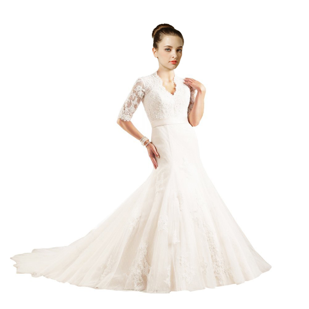 Women's New Style Fitted A Line V-Neck Chapel Train Lace Wedding